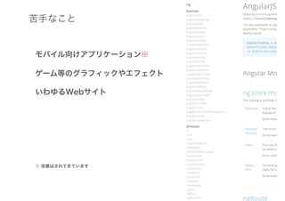 苦手なこと
モバイル向けアプリケーション※
ゲーム等のグラフィックやエフェクト
いわゆるWebサイト
※ 改善はされてきています
 