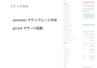 つくってみた
yeoman でテンプレート作成
grunt でサーバ起動
 