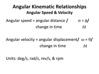 Angular Kinematic Relationships
Angular Speed & Velocity
Angular speed = angular distance /  = /
change in time t
Angular velocity = angular displacement/  = /
change in time t
Units: deg/s, rad/s, rev/s, & rpm
 