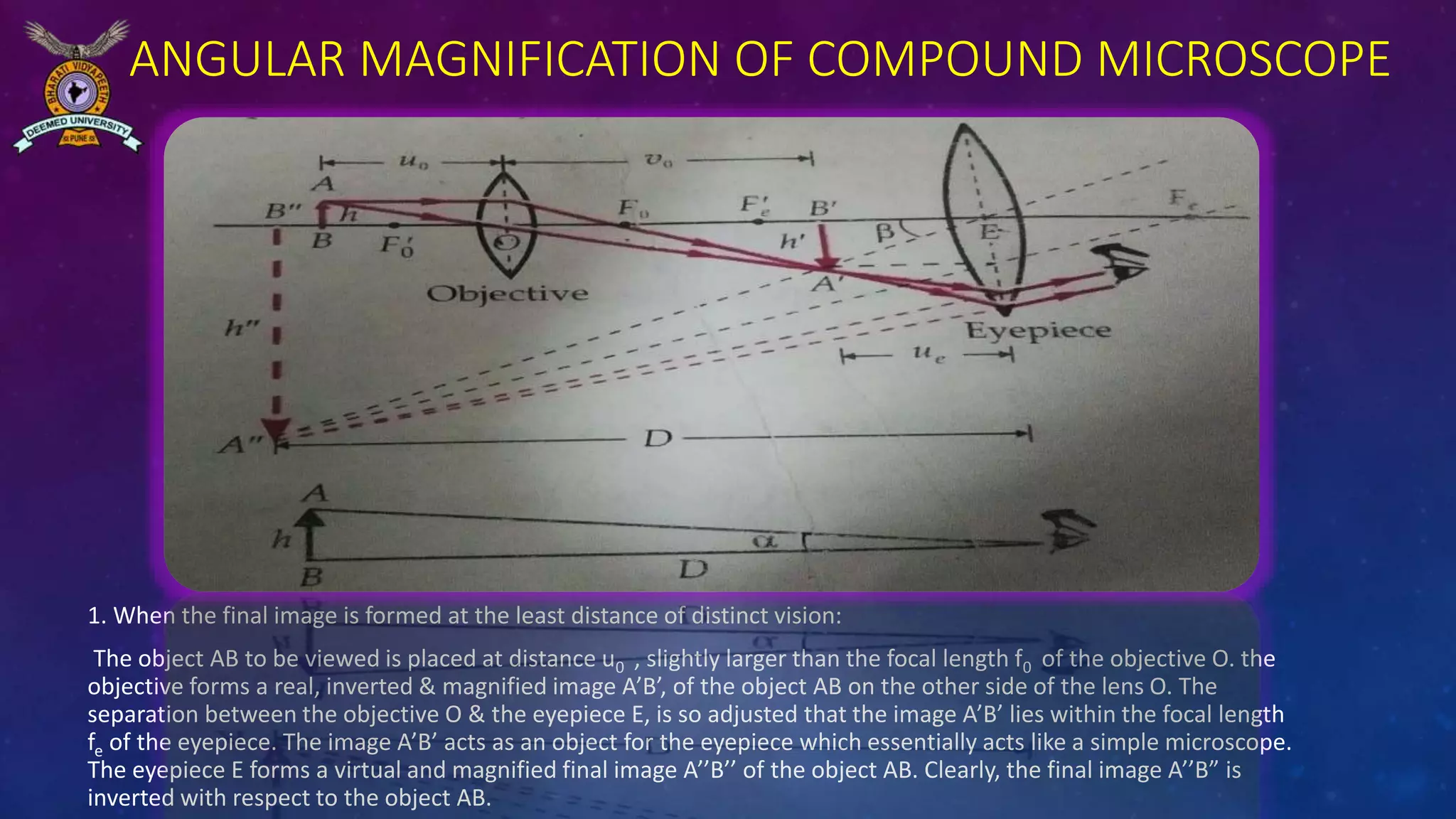 ANGULAR MAGNIFICATION OF COMPOUND MICROSCOPE
1. When the final image is formed at the least distance of distinct vision:
The object AB to be viewed is placed at distance u0 , slightly larger than the focal length f0 of the objective O. the
objective forms a real, inverted & magnified image A’B’, of the object AB on the other side of the lens O. The
separation between the objective O & the eyepiece E, is so adjusted that the image A’B’ lies within the focal length
fe of the eyepiece. The image A’B’ acts as an object for the eyepiece which essentially acts like a simple microscope.
The eyepiece E forms a virtual and magnified final image A’’B’’ of the object AB. Clearly, the final image A’’B” is
inverted with respect to the object AB.
 