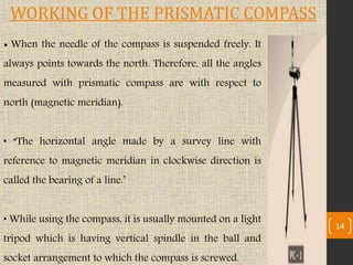 • When the needle of the compass is suspended freely. It
always points towards the north. Therefore, all the angles
measured with prismatic compass are with respect to
north (magnetic meridian).
• “The horizontal angle made by a survey line with
reference to magnetic meridian in clockwise direction is
called the bearing of a line.’
• While using the compass, it is usually mounted on a light
tripod which is having vertical spindle in the ball and
socket arrangement to which the compass is screwed.
14
WORKING OF THE PRISMATIC COMPASS
 