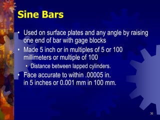 36
Sine Bars
• Used on surface plates and any angle by raising
one end of bar with gage blocks
• Made 5 inch or in multiples of 5 or 100
millimeters or multiple of 100
• Distance between lapped cylinders.
• Face accurate to within .00005 in.
in 5 inches or 0.001 mm in 100 mm.
 