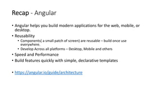 Recap - Angular
• Angular helps you build modern applications for the web, mobile, or
desktop.
• Reusability
• Components( a small patch of screen) are reusable – build once use
everywhere.
• Develop Across all platforms – Desktop, Mobile and others
• Speed and Performance
• Build features quickly with simple, declarative templates
• https://angular.io/guide/architecture
 