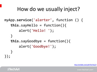 How do we usually inject? 
myApp.service('alerter', function () { 
http://jsfiddle.net/ae87/9x7Aq/2/ 
this.sayHello = function(){ 
alert('Hello! '); 
} 
this.sayGoodbye = function(){ 
alert('Goodbye!'); 
} 
}); 
 