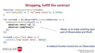 © AngularMIX All rights reserved.
https://www.angularmix.com
let stream$ = Rx.Observable.create(observer => {
someAsyncFunction((val) => {
observer.next( val );
observer.complete();
});
});
stream$.subscribe( data => {
console.log('async data', data);
});
Wrapping, fulfill the contract
function someAsyncFunction(cb){
setTimeout(() => { cb('some value'); },3000);
}
Allows us to make anything async
part of Observables and RxJS
A callback function turned into an Observable
 