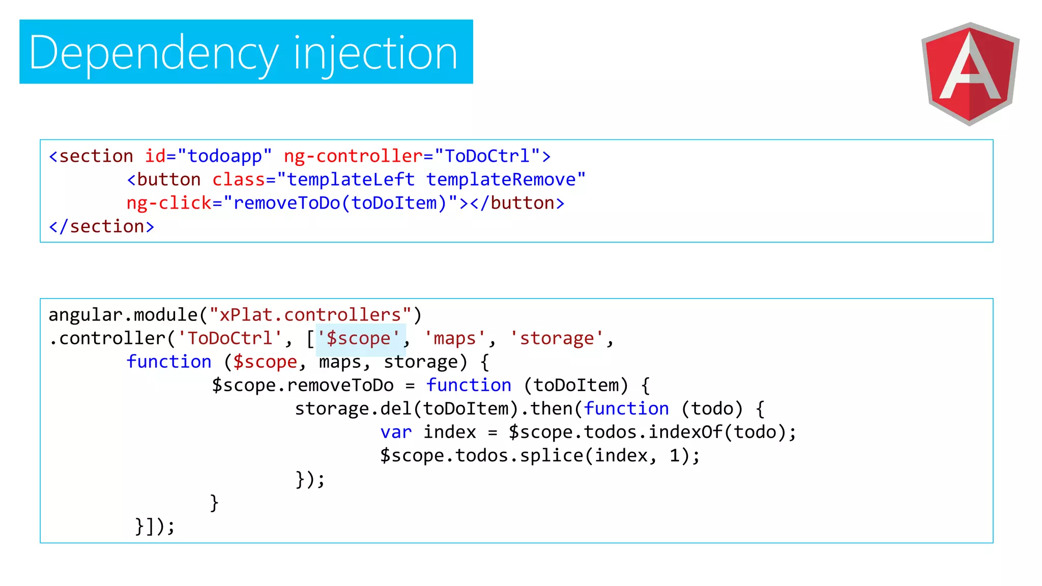 Dependency injection
<section id="todoapp" ng-controller="ToDoCtrl">
<button class="templateLeft templateRemove"
ng-click="removeToDo(toDoItem)"></button>
</section>
angular.module("xPlat.controllers")
.controller('ToDoCtrl', ['$scope', 'maps', 'storage',
function ($scope, maps, storage) {
$scope.removeToDo = function (toDoItem) {
storage.del(toDoItem).then(function (todo) {
var index = $scope.todos.indexOf(todo);
$scope.todos.splice(index, 1);
});
}
}]);
 