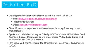 Doris Chen, Ph.D.
• Developer Evangelist at Microsoft based in Silicon Valley, CA
• Blog: http://blogs.msdn.com/b/dorischen/
• Twitter @doristchen
• Email: doris.chen@microsoft.com
• Over 18 years of experience in the software industry focusing on web
technologies
• Spoke and published widely at O'Reilly OSCON, Fluent, HTML5 Dev Conf,
JavaOne, Google Developer Conference, Silicon Valley Code Camp and
worldwide User Groups meetups
• Doris received her Ph.D. from the University of California at Los Angeles
(UCLA)
 