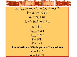 ωAVERAGE = ∆ω / ∆ t = (ω2 + ω1) / 2
θ = ωo t + ½ αt2
ωi = ωo + αt
θi = ½ (ωi
2
- ωo
2
) / α
s = θ r
Vlinear = ω r
alinear = α r
f = 1/ T
T = 1 / f
1 revolution = 360 degrees = 2 π radians
ω = 2 π f
ω = 2 π / T
 