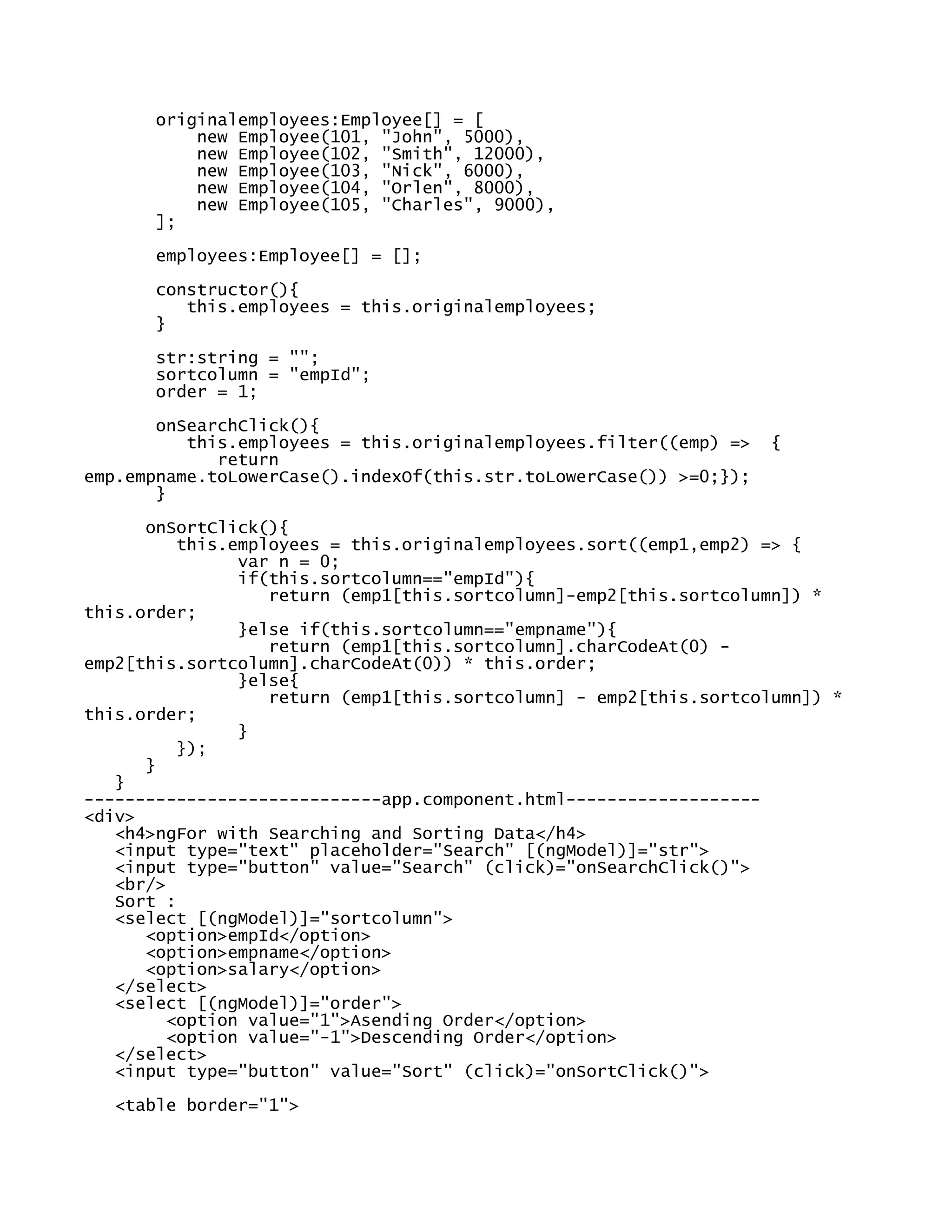 originalemployees:Employee[] = [
new Employee(101, "John", 5000),
new Employee(102, "Smith", 12000),
new Employee(103, "Nick", 6000),
new Employee(104, "Orlen", 8000),
new Employee(105, "Charles", 9000),
];
employees:Employee[] = [];
constructor(){
this.employees = this.originalemployees;
}
str:string = "";
sortcolumn = "empId";
order = 1;
onSearchClick(){
this.employees = this.originalemployees.filter((emp) => {
return
emp.empname.toLowerCase().indexOf(this.str.toLowerCase()) >=0;});
}
onSortClick(){
this.employees = this.originalemployees.sort((emp1,emp2) => {
var n = 0;
if(this.sortcolumn=="empId"){
return (emp1[this.sortcolumn]-emp2[this.sortcolumn]) *
this.order;
}else if(this.sortcolumn=="empname"){
return (emp1[this.sortcolumn].charCodeAt(0) -
emp2[this.sortcolumn].charCodeAt(0)) * this.order;
}else{
return (emp1[this.sortcolumn] - emp2[this.sortcolumn]) *
this.order;
}
});
}
}
-----------------------------app.component.html-------------------
<div>
<h4>ngFor with Searching and Sorting Data</h4>
<input type="text" placeholder="Search" [(ngModel)]="str">
<input type="button" value="Search" (click)="onSearchClick()">
<br/>
Sort :
<select [(ngModel)]="sortcolumn">
<option>empId</option>
<option>empname</option>
<option>salary</option>
</select>
<select [(ngModel)]="order">
<option value="1">Asending Order</option>
<option value="-1">Descending Order</option>
</select>
<input type="button" value="Sort" (click)="onSortClick()">
<table border="1">
 