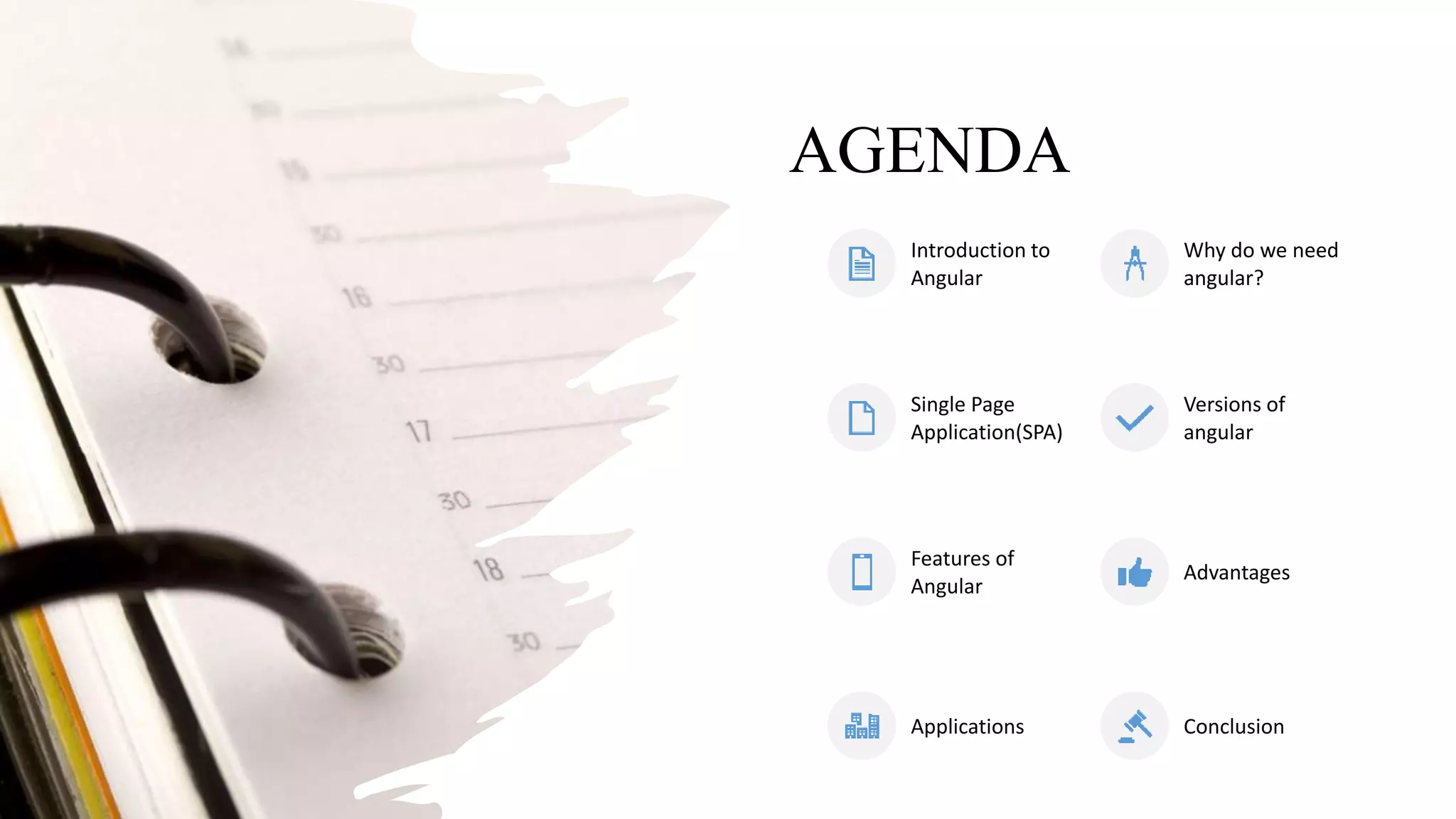 AGENDA
Introduction to
Angular
Why do we need
angular?
Single Page
Application(SPA)
Versions of
angular
Features of
Angular
Advantages
Applications Conclusion
 