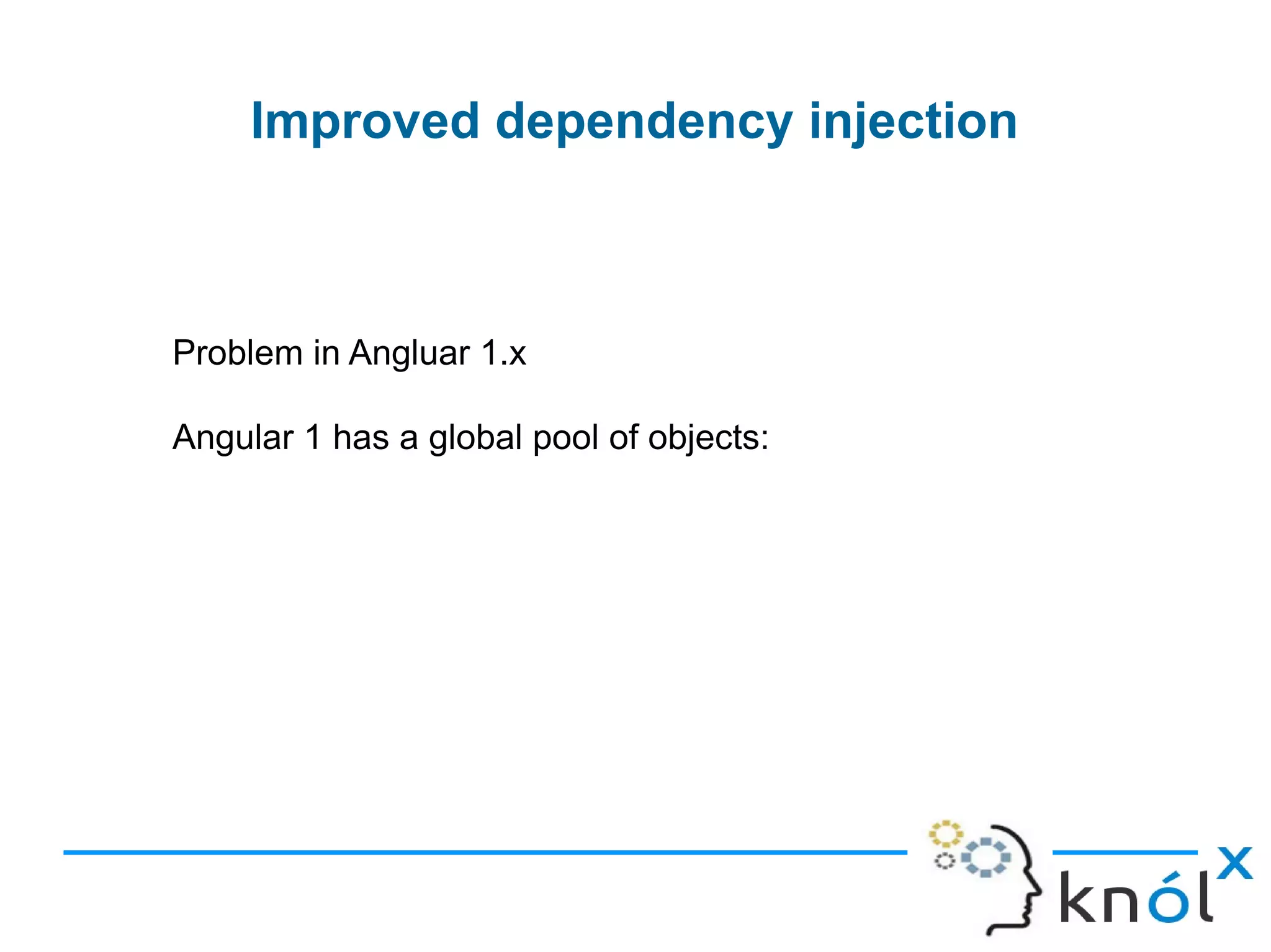 Improved dependency injection
Problem in Angluar 1.x
Angular 1 has a global pool of objects:
 