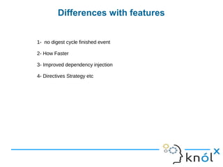 Differences with features
1- no digest cycle finished event
2- How Faster
3- Improved dependency injection
4- Directives Strategy etc
 