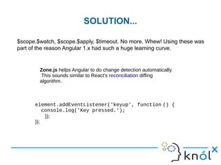 SOLUTION...
$scope.$watch, $scope.$apply, $timeout. No more. Whew! Using these was
part of the reason Angular 1.x had such a huge learning curve.
Zone.js helps Angular to do change detection automatically.
This sounds similar to React's reconciliation diffing
algorithm.
element.addEventListener('keyup', function () {  
  console.log('Key pressed.');
});
});
 