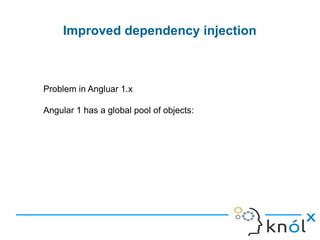 Improved dependency injection
Problem in Angluar 1.x
Angular 1 has a global pool of objects:
 