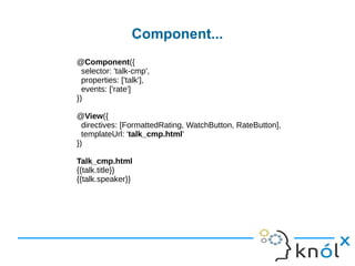 Component...
@Component({
selector: 'talk-cmp',
properties: ['talk'],
events: ['rate']
})
@View({
directives: [FormattedRating, WatchButton, RateButton],
templateUrl: 'talk_cmp.html'
})
Talk_cmp.html
{{talk.title}}
{{talk.speaker}}
 