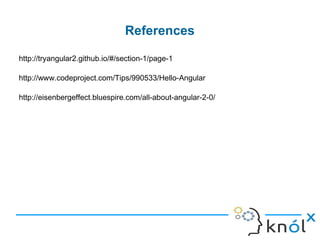 http://tryangular2.github.io/#/section-1/page-1
http://www.codeproject.com/Tips/990533/Hello-Angular
http://eisenbergeffect.bluespire.com/all-about-angular-2-0/
References
 