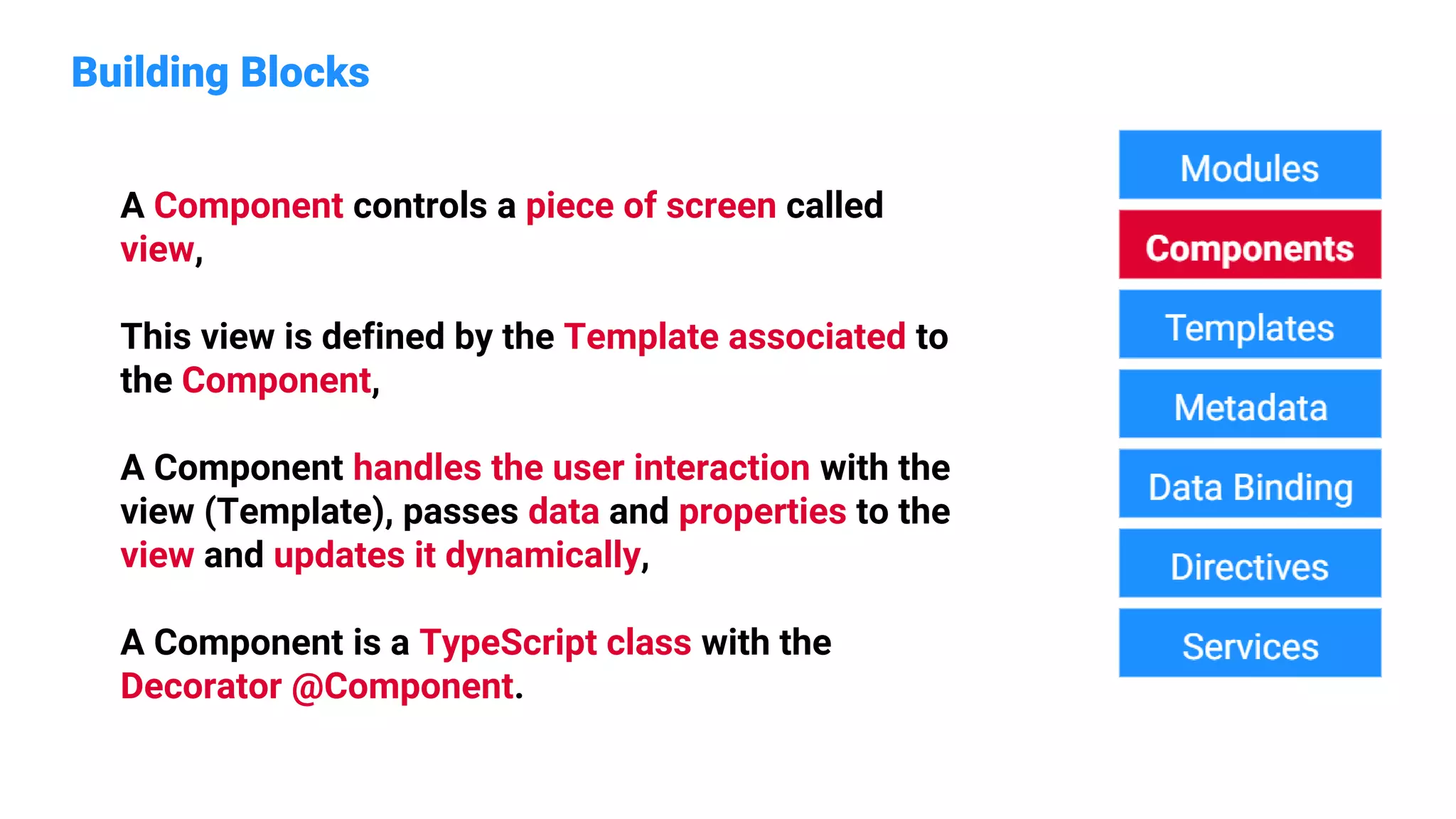 Building Blocks
A Component controls a piece of screen called
view,
This view is defined by the Template associated to
the Component,
A Component handles the user interaction with the
view (Template), passes data and properties to the
view and updates it dynamically,
A Component is a TypeScript class with the
Decorator @Component.
 