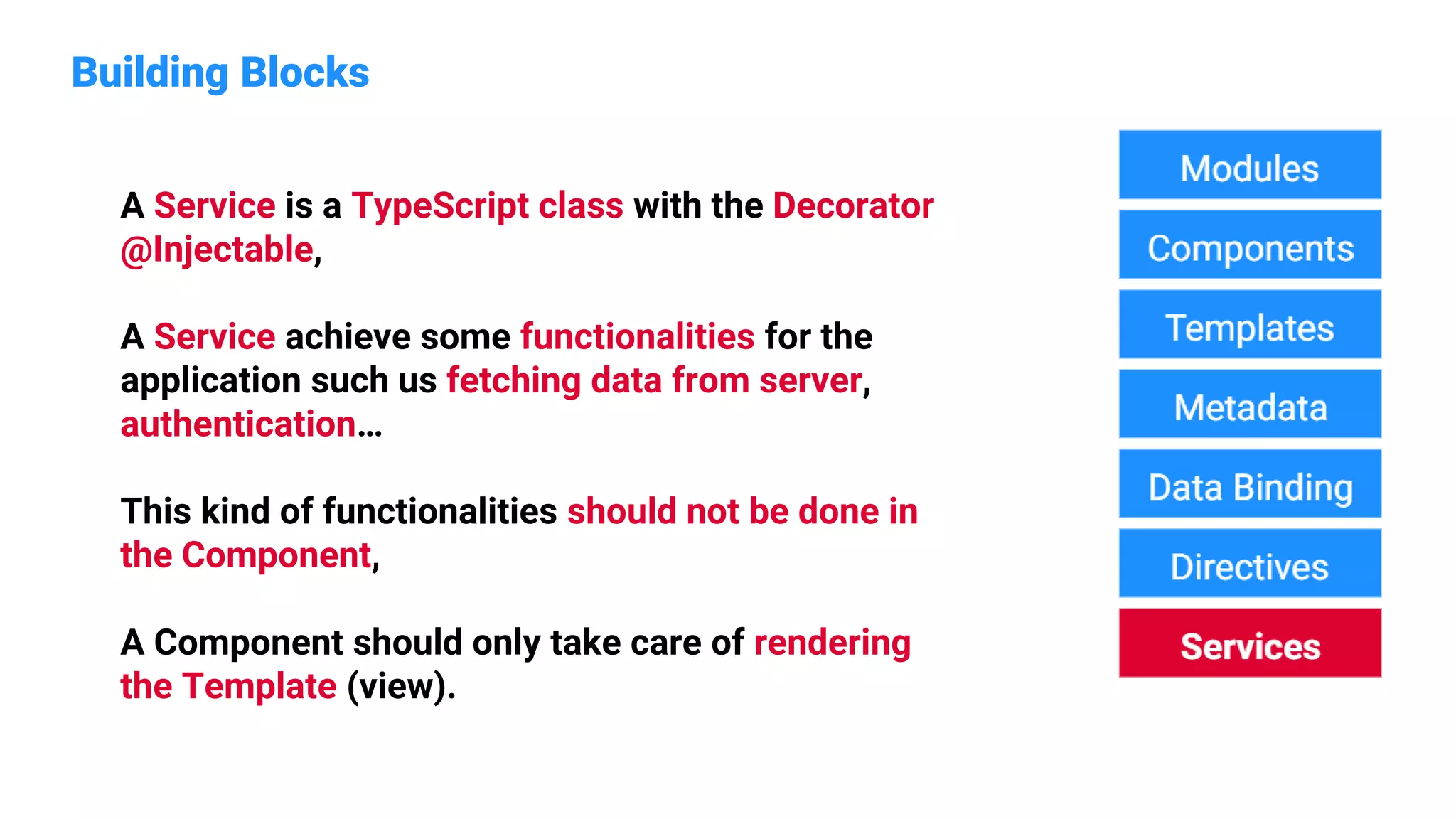 Building Blocks
A Service is a TypeScript class with the Decorator
@Injectable,
A Service achieve some functionalities for the
application such us fetching data from server,
authentication…
This kind of functionalities should not be done in
the Component,
A Component should only take care of rendering
the Template (view).
 