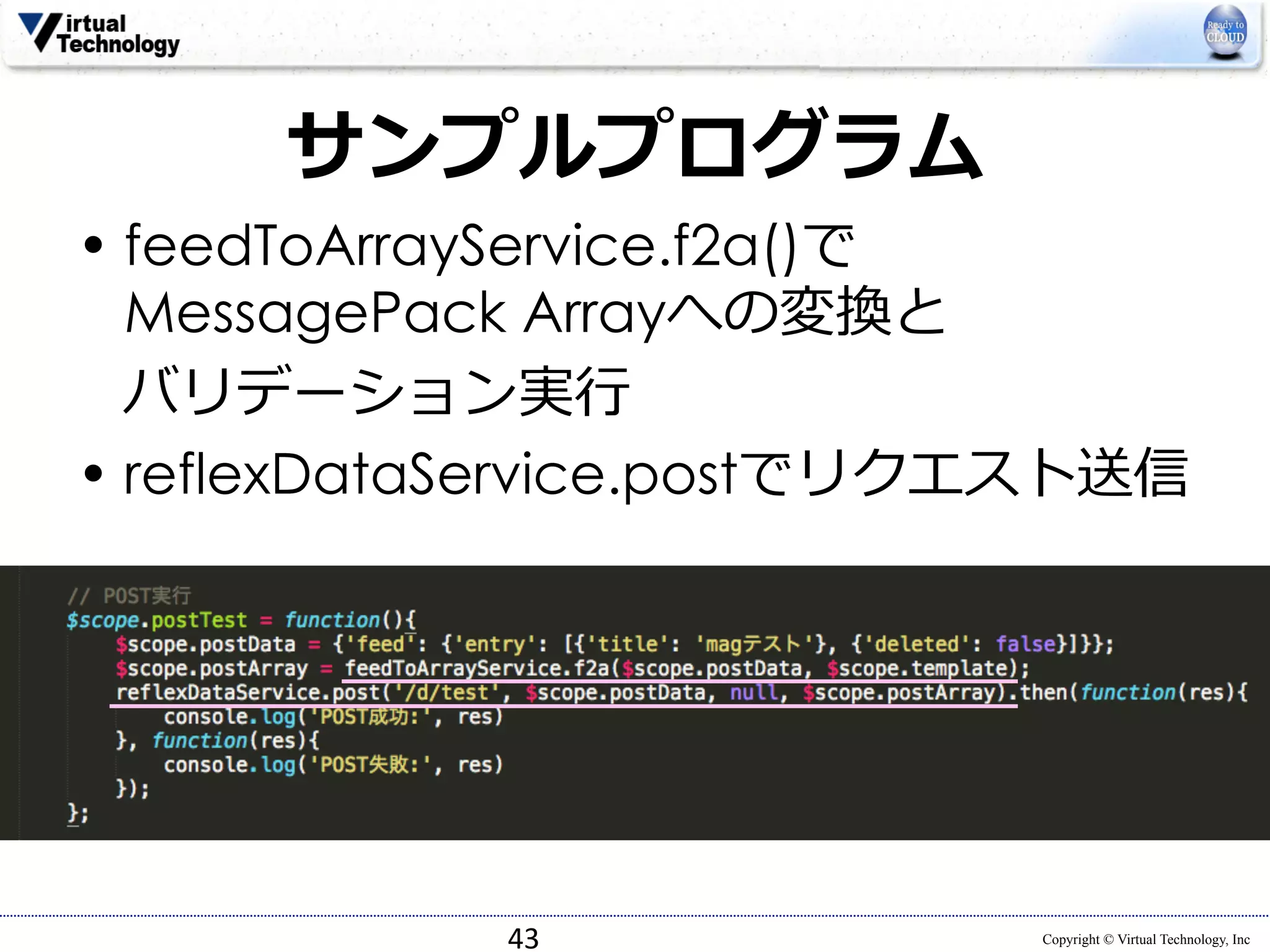 Copyright © Virtual Technology, Inc 
サンプルプログラム 
• feedToArrayService.f2a()で 
MessagePack Arrayへの変換と 
バリデーション実⾏行行 
• reflexDataService.postでリクエスト送信 
43 
 