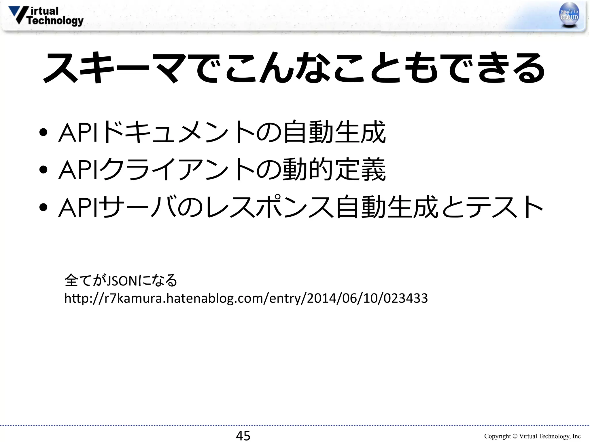 スキーマでこんなこともできる 
• APIドキュメントの⾃自動⽣生成 
• APIクライアントの動的定義 
• APIサーバのレスポンス⾃自動⽣生成とテスト 
Copyright © Virtual Technology, Inc 
全てがJSONになる 
h*p://r7kamura.hatenablog.com/entry/2014/06/10/023433 
45 
 