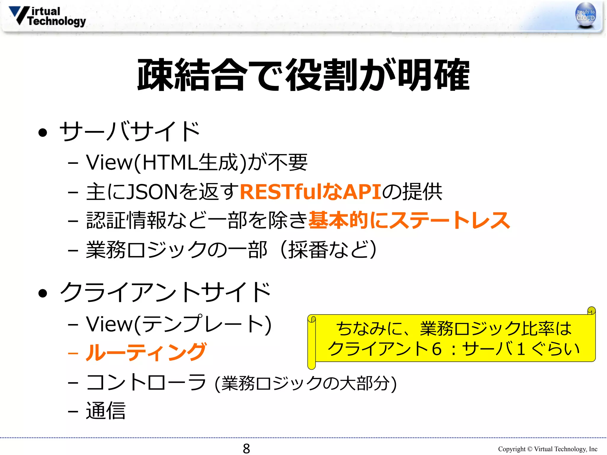 Copyright © Virtual Technology, Inc 
疎結合で役割が明確 
• サーバサイド 
– View(HTML⽣生成)が不不要 
– 主にJSONを返すRESTfulなAPIの提供 
– 認証情報など⼀一部を除き基本的にステートレス 
– 業務ロジックの⼀一部（採番など） 
• クライアントサイド 
– View(テンプレート) 
– ルーティング 
– コントローラ (業務ロジックの⼤大部分) 
– 通信 
8 
ちなみに、業務ロジック⽐比率率率は 
クライアント６：サーバ１ぐらい 
 