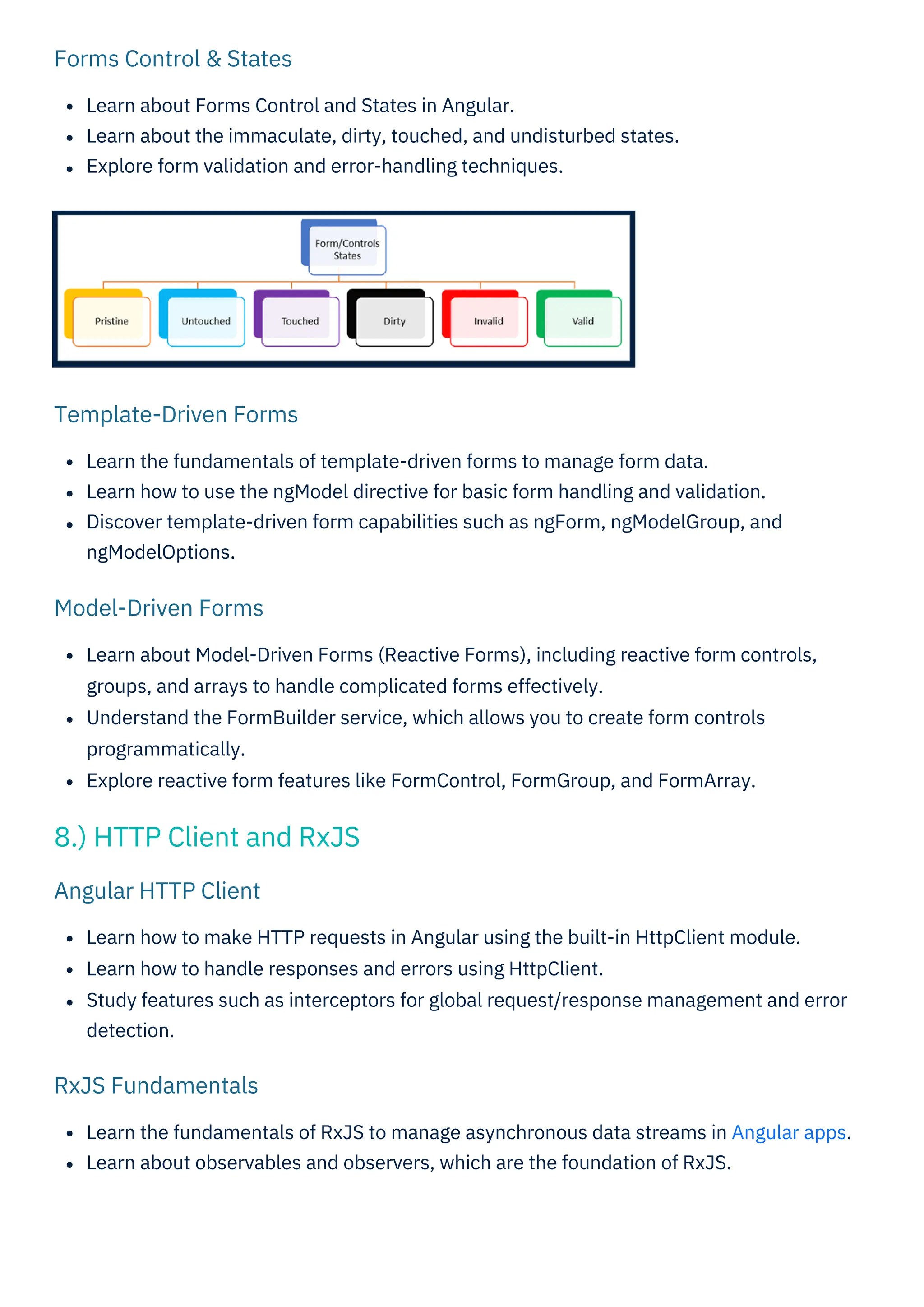 RxJS Fundamentals
Angular HTTP Client
Model-Driven Forms
Forms Control & States
Template-Driven Forms
Learn about Forms Control and States in Angular.
Learn about the immaculate, dirty, touched, and undisturbed states.
Explore form validation and error-handling techniques.
Learn the fundamentals of RxJS to manage asynchronous data streams in Angular apps.
Learn about observables and observers, which are the foundation of RxJS.
Learn the fundamentals of template-driven forms to manage form data.
Learn how to use the ngModel directive for basic form handling and validation.
Discover template-driven form capabilities such as ngForm, ngModelGroup, and
ngModelOptions.
Learn how to make HTTP requests in Angular using the built-in HttpClient module.
Learn how to handle responses and errors using HttpClient.
Study features such as interceptors for global request/response management and error
detection.
Learn about Model-Driven Forms (Reactive Forms), including reactive form controls,
groups, and arrays to handle complicated forms effectively.
Understand the FormBuilder service, which allows you to create form controls
programmatically.
Explore reactive form features like FormControl, FormGroup, and FormArray.
8.) HTTP Client and RxJS
 