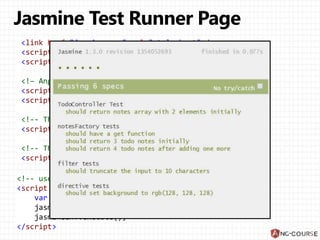 <link href="jasmine.css" rel="stylesheet" />
<script src="jasmine.js"></script>
<script src="jasmine-html.js"></script>
<!– Angular Framework Modules -->
<script src="angular.js"></script>
<script src="angular-mocks.js"></script>
<!-- The Application Modules-->
<script src="app.js"></script>
<!-- The Specs Unit Testing -->
<script src="appSpec.js"></script>
<!-- use Jasmine to run and display test results -->
<script type="text/javascript">
var jasmineEnv = jasmine.getEnv();
jasmineEnv.addReporter( new jasmine.HtmlReporter() );
jasmineEnv.execute();
</script>
 