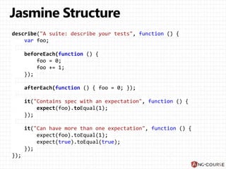 describe("A suite: describe your tests", function () {
var foo;
beforeEach(function () {
foo = 0;
foo += 1;
});
afterEach(function () { foo = 0; });
it("Contains spec with an expectation", function () {
expect(foo).toEqual(1);
});
it("Can have more than one expectation", function () {
expect(foo).toEqual(1);
expect(true).toEqual(true);
});
});
 