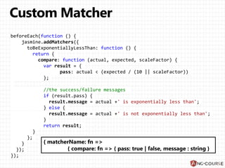 beforeEach(function () {
jasmine.addMatchers({
toBeExponentiallyLessThan: function () {
return {
compare: function (actual, expected, scaleFactor) {
var result = {
pass: actual < (expected / (10 || scaleFactor))
};
//the success/failure messages
if (result.pass) {
result.message = actual +' is exponentially less than';
} else {
result.message = actual +' is not exponentially less than';
}
return result;
}
};
}
});
});
{ matcherName: fn =>
{ compare: fn => { pass: true | false, message : string }
 