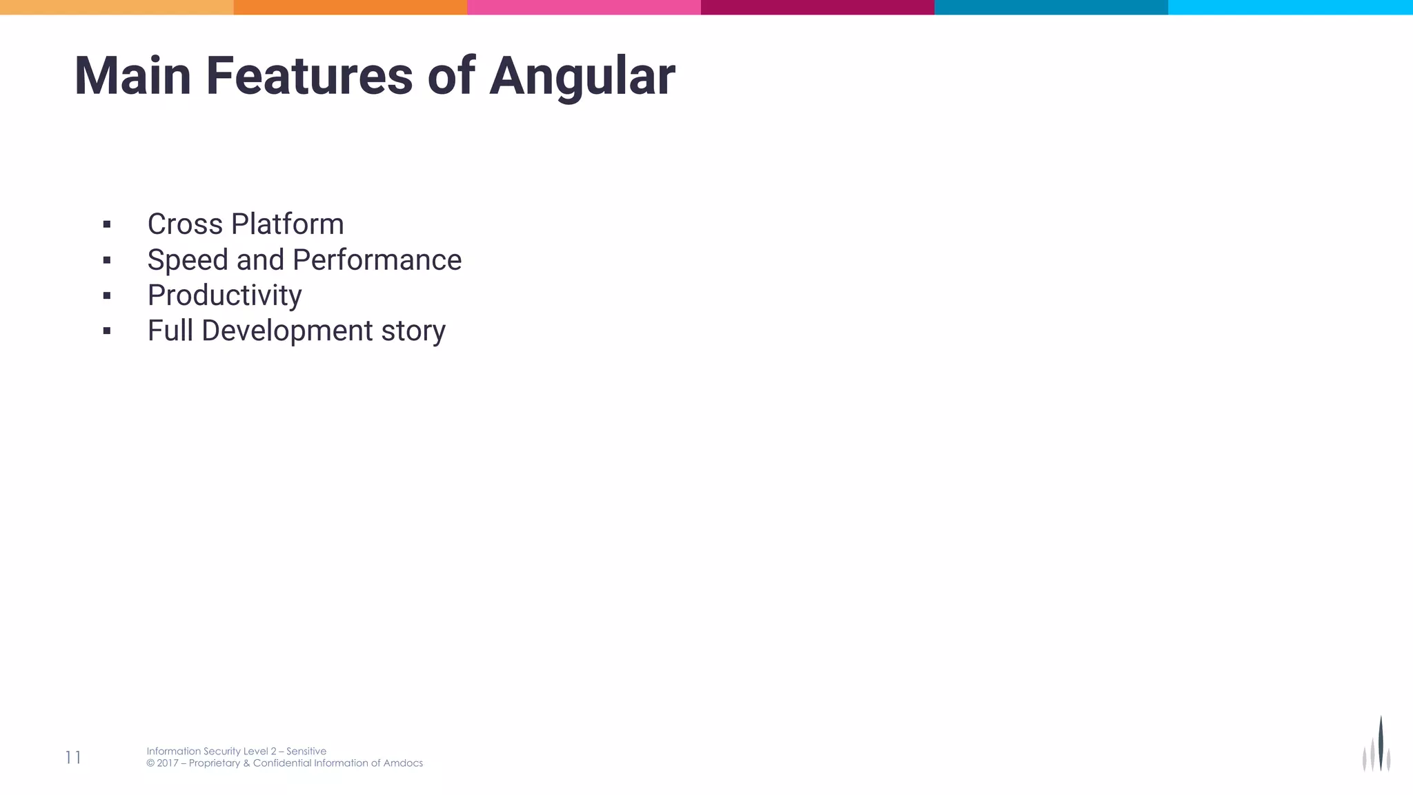 Main Features of Angular
▪ Cross Platform
▪ Speed and Performance
▪ Productivity
▪ Full Development story
 