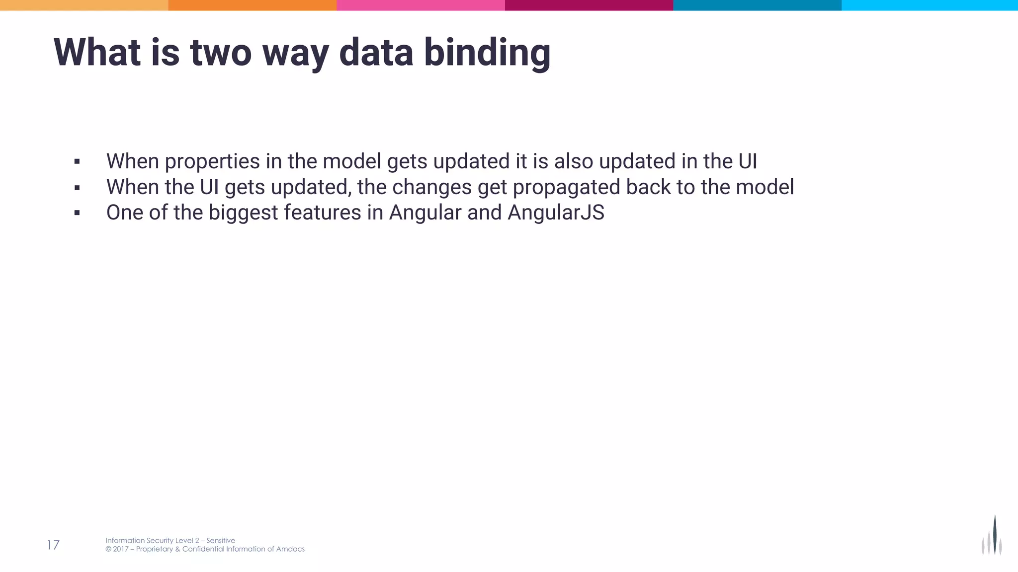 What is two way data binding
▪ When properties in the model gets updated it is also updated in the UI
▪ When the UI gets updated, the changes get propagated back to the model
▪ One of the biggest features in Angular and AngularJS
 
