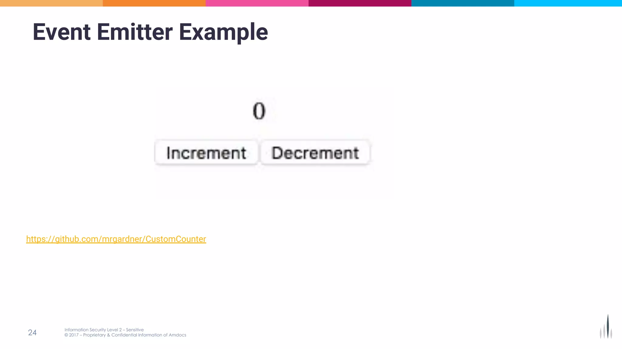 Event Emitter Example
https://github.com/mrgardner/CustomCounter
 