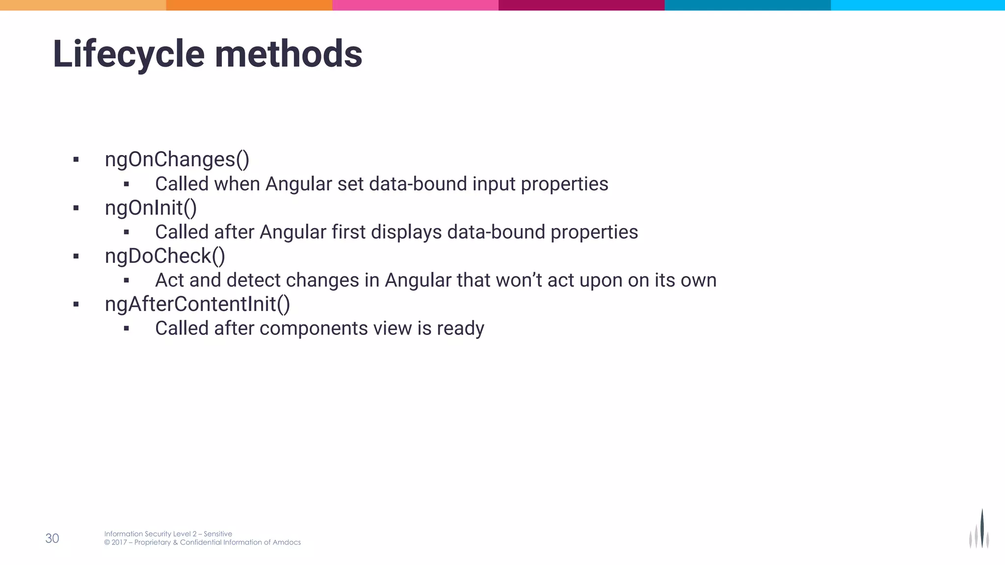 Lifecycle methods
▪ ngOnChanges()
▪ Called when Angular set data-bound input properties
▪ ngOnInit()
▪ Called after Angular first displays data-bound properties
▪ ngDoCheck()
▪ Act and detect changes in Angular that won’t act upon on its own
▪ ngAfterContentInit()
▪ Called after components view is ready
 