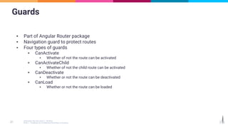 Guards
▪ Part of Angular Router package
▪ Navigation guard to protect routes
▪ Four types of guards
▪ CanActivate
▪ Whether of not the route can be activated
▪ CanActivateChild
▪ Whether of not the child route can be activated
▪ CanDeactivate
▪ Whether or not the route can be deactivated
▪ CanLoad
▪ Whether or not the route can be loaded
 