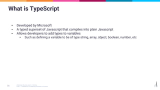 What is TypeScript
▪ Developed by Microsoft
▪ A typed superset of Javascript that compiles into plain Javascript
▪ Allows developers to add types to variables
▪ Such as defining a variable to be of type string, array, object, boolean, number, etc
 