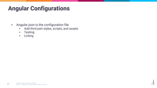 Angular Configurations
▪ Angular.json is the configuration file
▪ Add third part styles, scripts, and assets
▪ Testing
▪ Linting
 