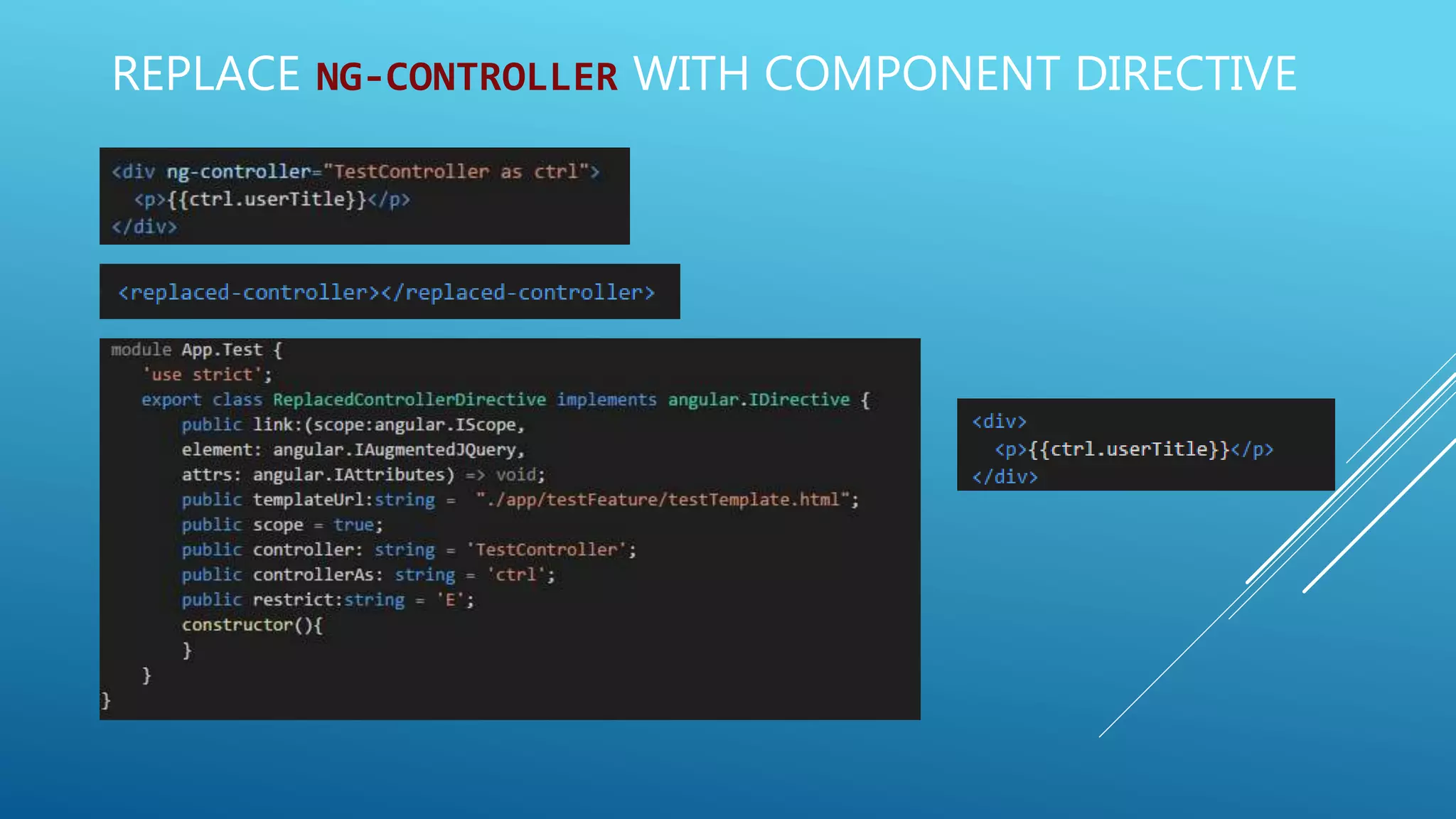 REPLACE NG-CONTROLLER WITH COMPONENT DIRECTIVE
 