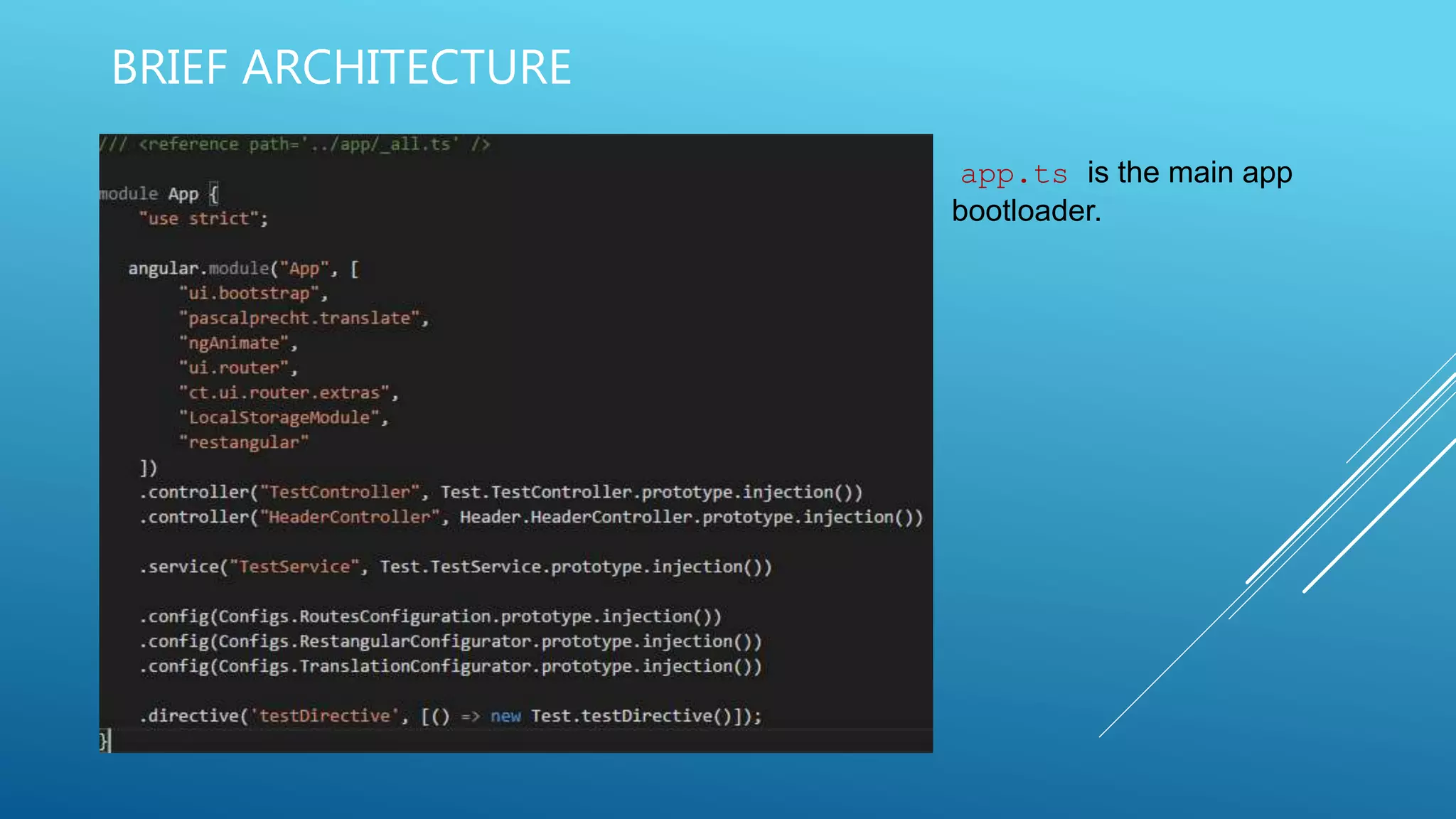 app.ts is the main app
bootloader.
BRIEF ARCHITECTURE
 