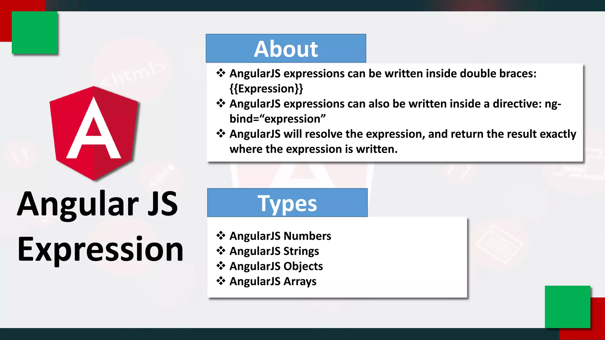 Angular JS
Expression
About
 AngularJS expressions can be written inside double braces:
{{Expression}}
 AngularJS expressions can also be written inside a directive: ng-
bind=“expression”
 AngularJS will resolve the expression, and return the result exactly
where the expression is written.
Types
 AngularJS Numbers
 AngularJS Strings
 AngularJS Objects
 AngularJS Arrays
 