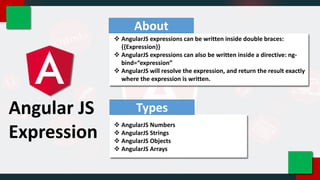 Angular JS
Expression
About
 AngularJS expressions can be written inside double braces:
{{Expression}}
 AngularJS expressions can also be written inside a directive: ng-
bind=“expression”
 AngularJS will resolve the expression, and return the result exactly
where the expression is written.
Types
 AngularJS Numbers
 AngularJS Strings
 AngularJS Objects
 AngularJS Arrays
 