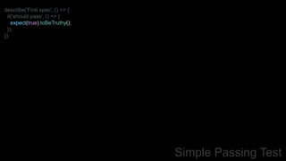 describe('First spec', () => {
it('should pass', () => {
expect(true).toBeTruthy();
});
});
Simple Passing Test
 
