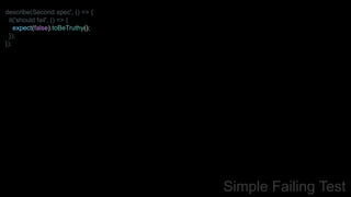 describe(Second spec', () => {
it('should fail', () => {
expect(false).toBeTruthy();
});
});
Simple Failing Test
 