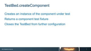 http://digitaldrummerj.me
TestBed.createComponent
Creates an instance of the component under test
Returns a component test fixture
Closes the TestBed from further configuration
 