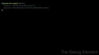 it('greets the subject', () => {
const h1 = element.query(By.css('h1'));
expect(h1.nativeElement.innerText).toBe('Hello world!');
});
The Debug Element
 