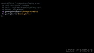Local Members
describe('Simple Component with Service', () => {
let component: SimpleComponent;
let fixture: ComponentFixture<SimpleComponent>;
let element: DebugElement;
let greetingServiceStub: GreetingServiceStub
let greetingService: GreetingService;
});
 