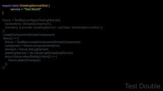export class GreetingServiceStub {
service = "Test World!"
}
fixture = TestBed.configureTestingModule({
declarations: [SimpleComponent ],
providers: [{ provide: GreetingService, useClass: GreetingServiceStub }]
})
.createComponent(SimpleComponent)
.then(() => {
fixture = TestBed.createComponent(SimpleComponent);
component = fixture.componentInstance;
element = fixture.debugElement;
greetingService = de.injector.get(GreetingService);
return fixture.whenStable().then(() => {
fixture.detectChanges();
});
});
Test Double
 
