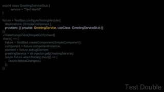 export class GreetingServiceStub {
service = "Test World!"
}
fixture = TestBed.configureTestingModule({
declarations: [SimpleComponent ],
providers: [{ provide: GreetingService, useClass: GreetingServiceStub }]
})
.createComponent(SimpleComponent)
.then(() => {
fixture = TestBed.createComponent(SimpleComponent);
component = fixture.componentInstance;
element = fixture.debugElement;
greetingService = de.injector.get(GreetingService);
return fixture.whenStable().then(() => {
fixture.detectChanges();
});
});
Test Double
 