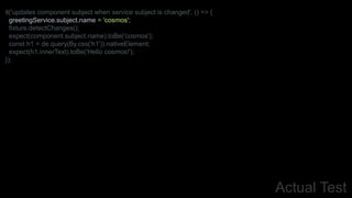 Actual Test
it('updates component subject when service subject is changed', () => {
greetingService.subject.name = 'cosmos';
fixture.detectChanges();
expect(component.subject.name).toBe('cosmos');
const h1 = de.query(By.css('h1')).nativeElement;
expect(h1.innerText).toBe('Hello cosmos!');
});
 