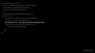 Setup
beforeEach(async(() => {
fixture = TestBed.configureTestingModule({
declarations: [SimpleComponent ],
providers: [ GreetingService ]
})
.createComponent(SimpleComponent)
.then(() => {
component = fixture.componentInstance;
element = fixture.debugElement;
greetingService = de.injector.get(GreetingService);
return fixture.whenStable().then(() => {
fixture.detectChanges();
});
});
}));
 