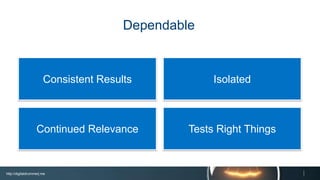 http://digitaldrummerj.me
Tests Right ThingsContinued Relevance
IsolatedConsistent Results
Dependable
 